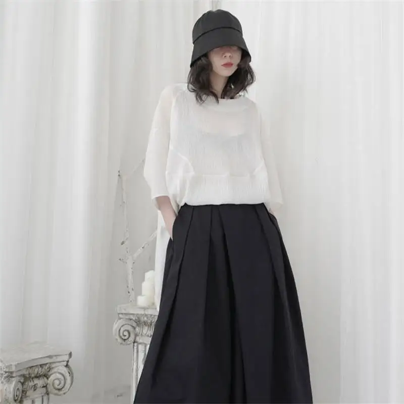 Ladies Casual Pants Spring And Autumn New Black High Waist Slim Irregular Super Loose Design Wide Leg Trouser Skirt
