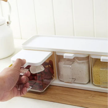 

3 Grids Spoon Kitchen With Lid Container Seasoning Box Herb Spices Storage Condiment Jar Cooking Seasoning Box RandomPattern