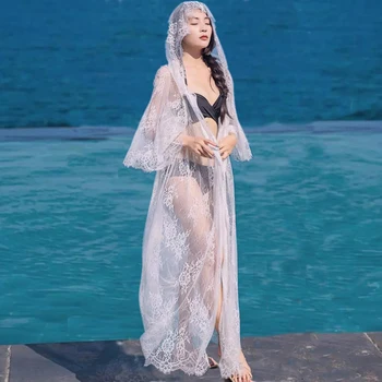 

Crochet Tunic Beach Dress Slit Hemline Cover-ups Sexy Hollow Out Knitted Swimsuit Cover Up Long Sleeve Summer Women Beachwear