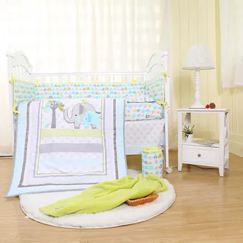 

Promotion Baby Crib bedding set Embroidery elephant bird 8Pcs Baby bedding set include Quilt Bed Skirt Bumper Blanket Fitted