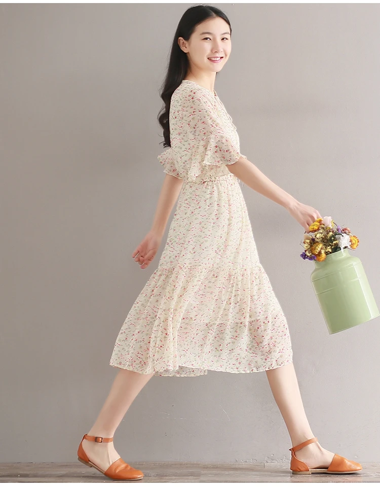 New Robe Femme Summer Chiffon Dress Women Lace Up Butterfly Sleeve Elbise Floral Printed Female Dresses Vestidos De Festa QV775