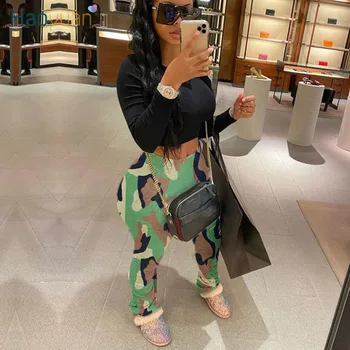 

HAOYUAN Sexy Camo High Waist Sweatpants Women 2020 Plus Size Stretch Ruched Bottom Flare Pants Stacked Leggings Skinny Trousers