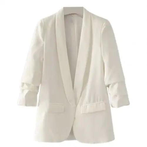 Белый Дамы с длинным рукавом лацканы Buttonless складчатый Блейзер Мода сплошной цвет дикий элегантный офис рабочая одежда карман пальто - Цвет: Белый