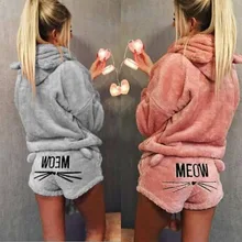 Autumn Winter Women's Cat Embroidery Sexy Pajamas Fluffy Flannel Hooded Casual Warm Two-piece Set Soft Short Women's Pajamas