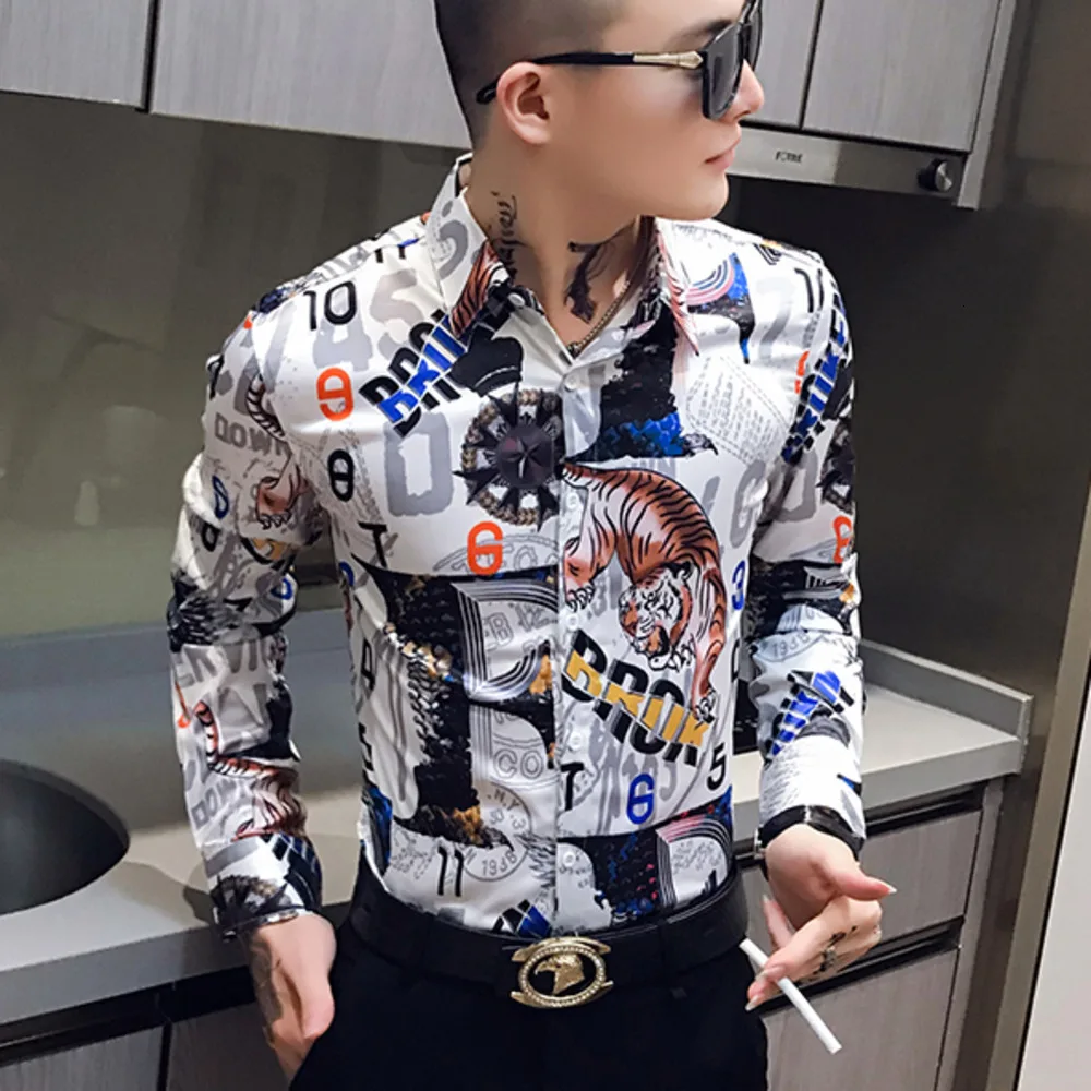 С дизайнерской печатью Для мужчин рубашка Повседневное Slim Fit рубашки уличная одежда с длинным рукавом социальных ночной клуб вечерние одежда рубашка Homme