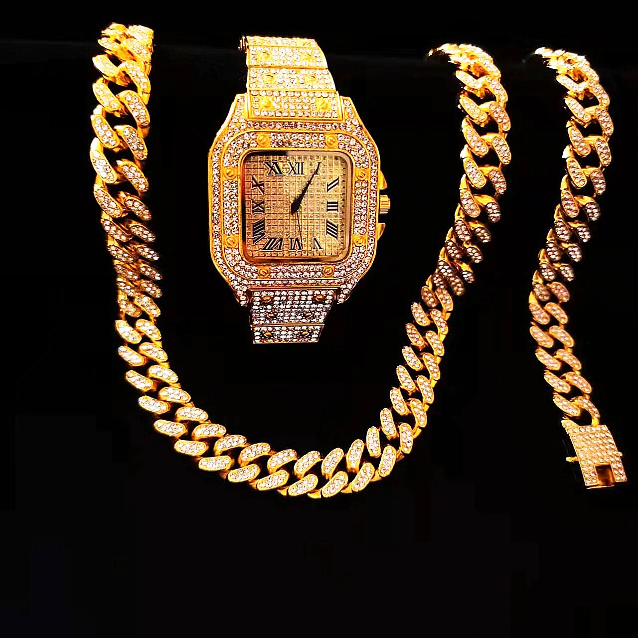 2pcs Iced Out Watches Necklace Pandents Rhinestone 13MM Miami Cuban Chains Bling Rapper Luxury Gold Wristwatch Men Jewelry Set