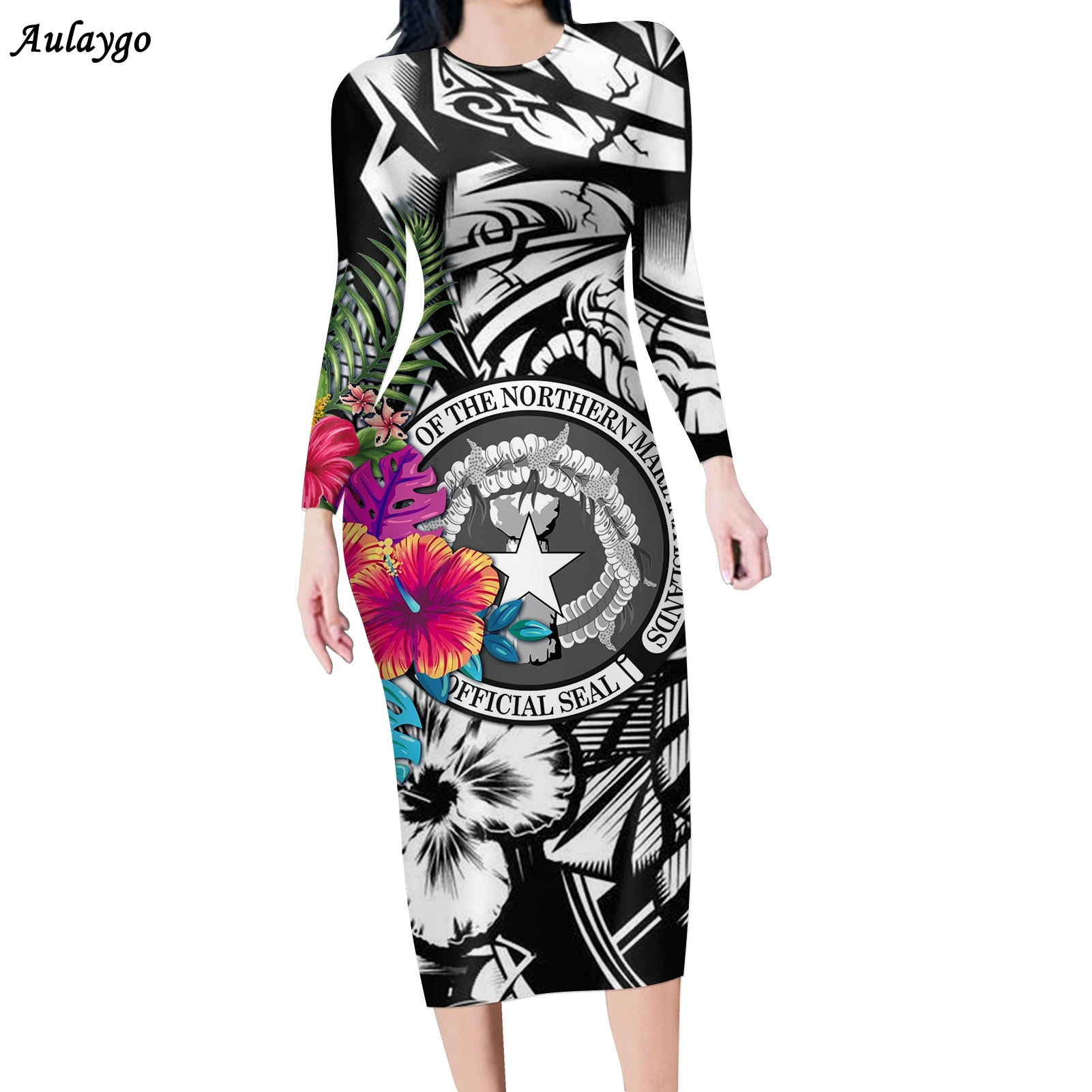 

Aulaygo Pacific Hibiscus Polynesian Club Sexy Dress Women Long Sleeve Party Stretched Pencil Slim Basic Bodycon Dresses 2020