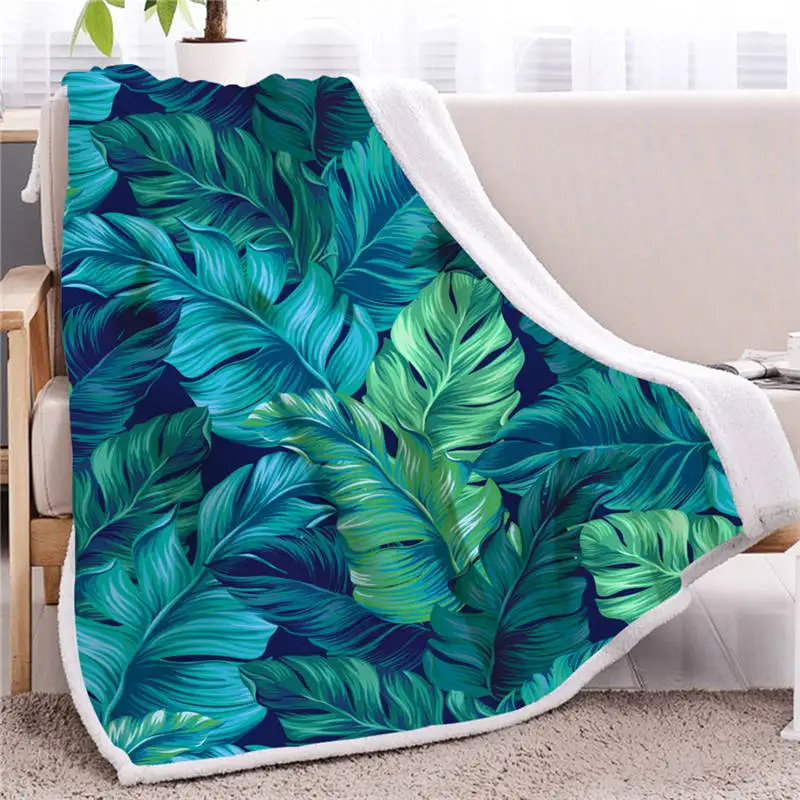 Blesslave 3D Пальмовые Листья пледы одеяло листья тропических растений одеяло на искусственном меху бирюзовый зеленый мягкое Флисовое одеяло плюшевые покрывала Koce - Цвет: 1