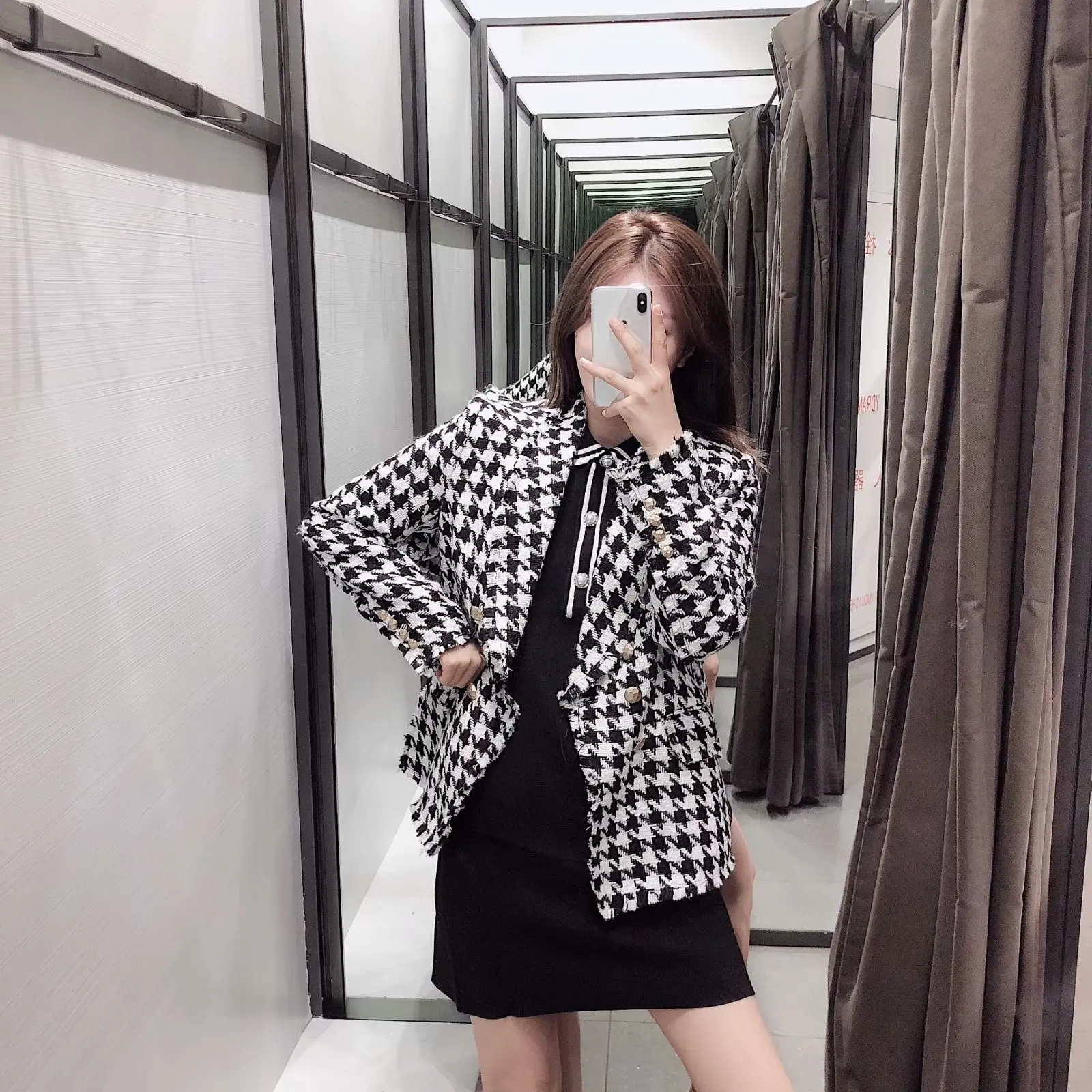 Autumn Clothing Western Style New Style WOMEN'S Dress Western Style Suit Black And White Lattices Thousands of Birds CHIC Coat