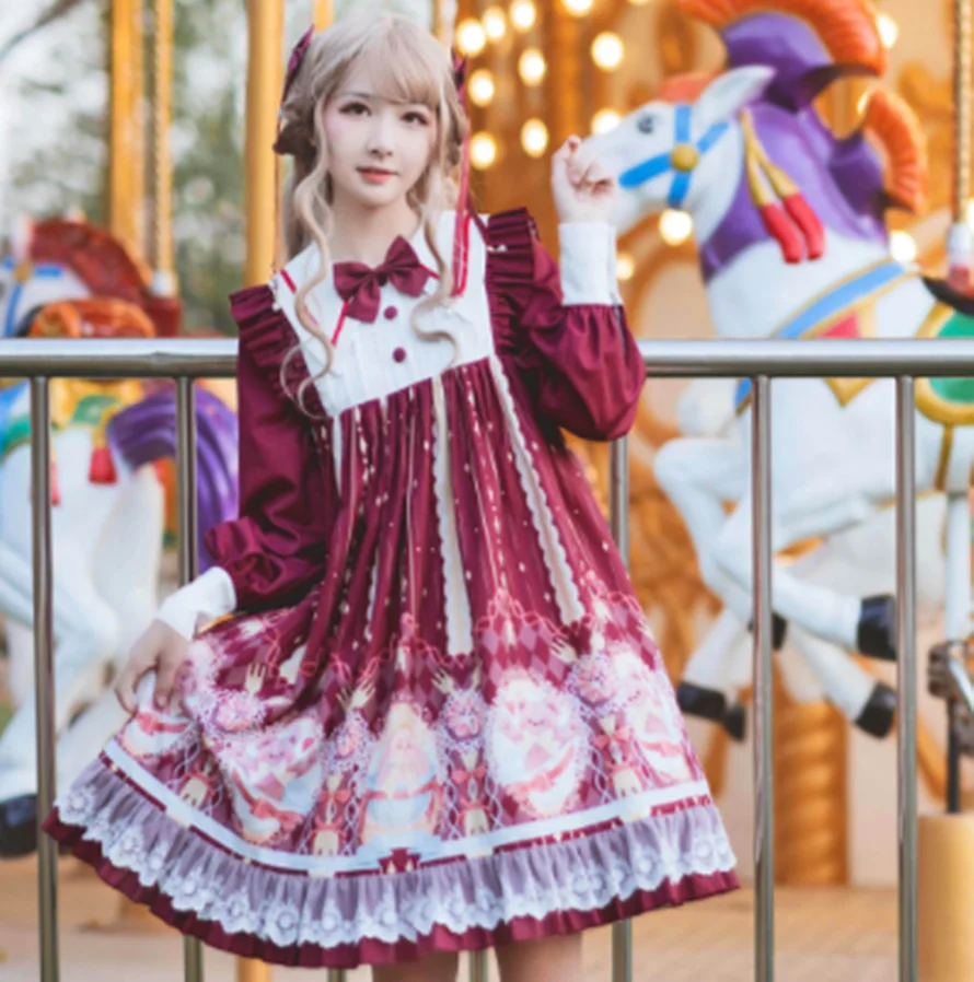 

kawaii girl gothic lolita op loli cos Sweet princess lolita dress vintage lace bowknot cute printing high waist victorian dress