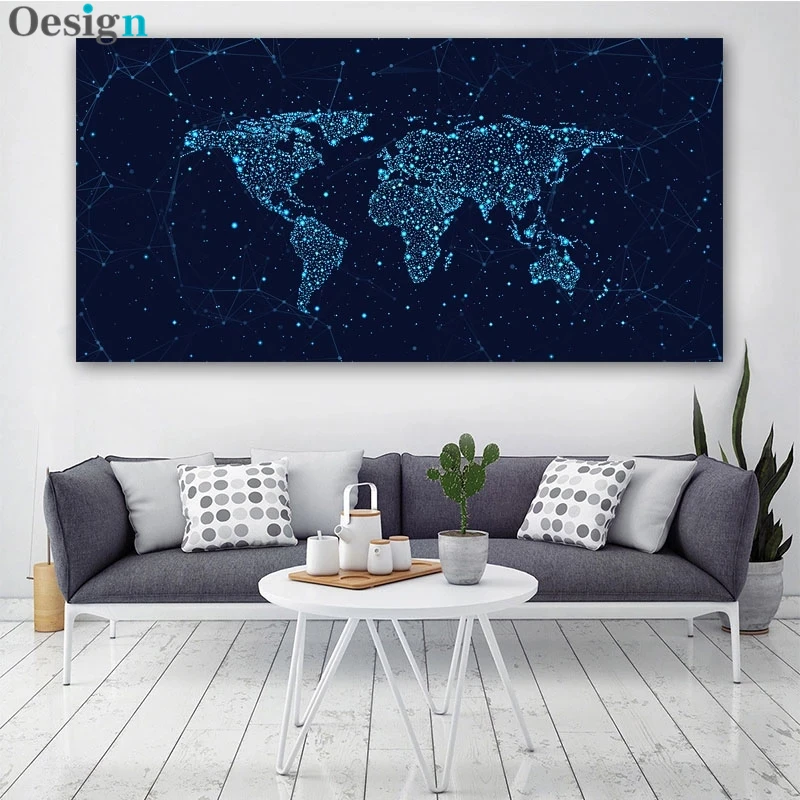 

World Map Canvas Painting Poster Blue Constellation Background Prints And Posters Abstract Wall Living Room Cafe Home Decoration