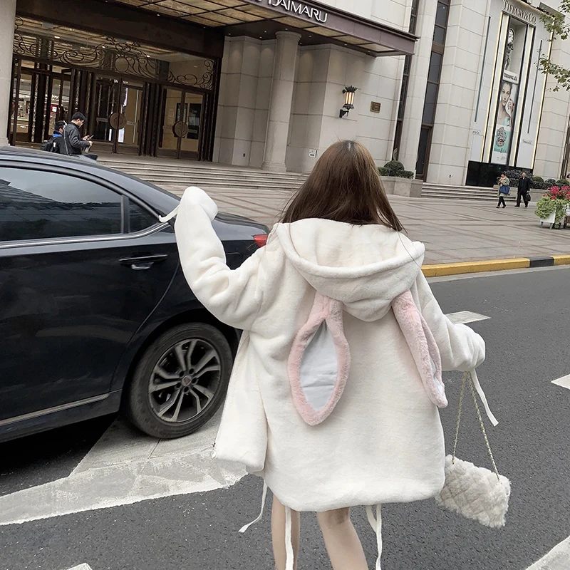 

Kawaii Lolita Plush Coat Female 2021 Autumn Winter Student Lovely Imitation Faux Fur Woman Rabbit Ear Cotton Coats Hooded Cute