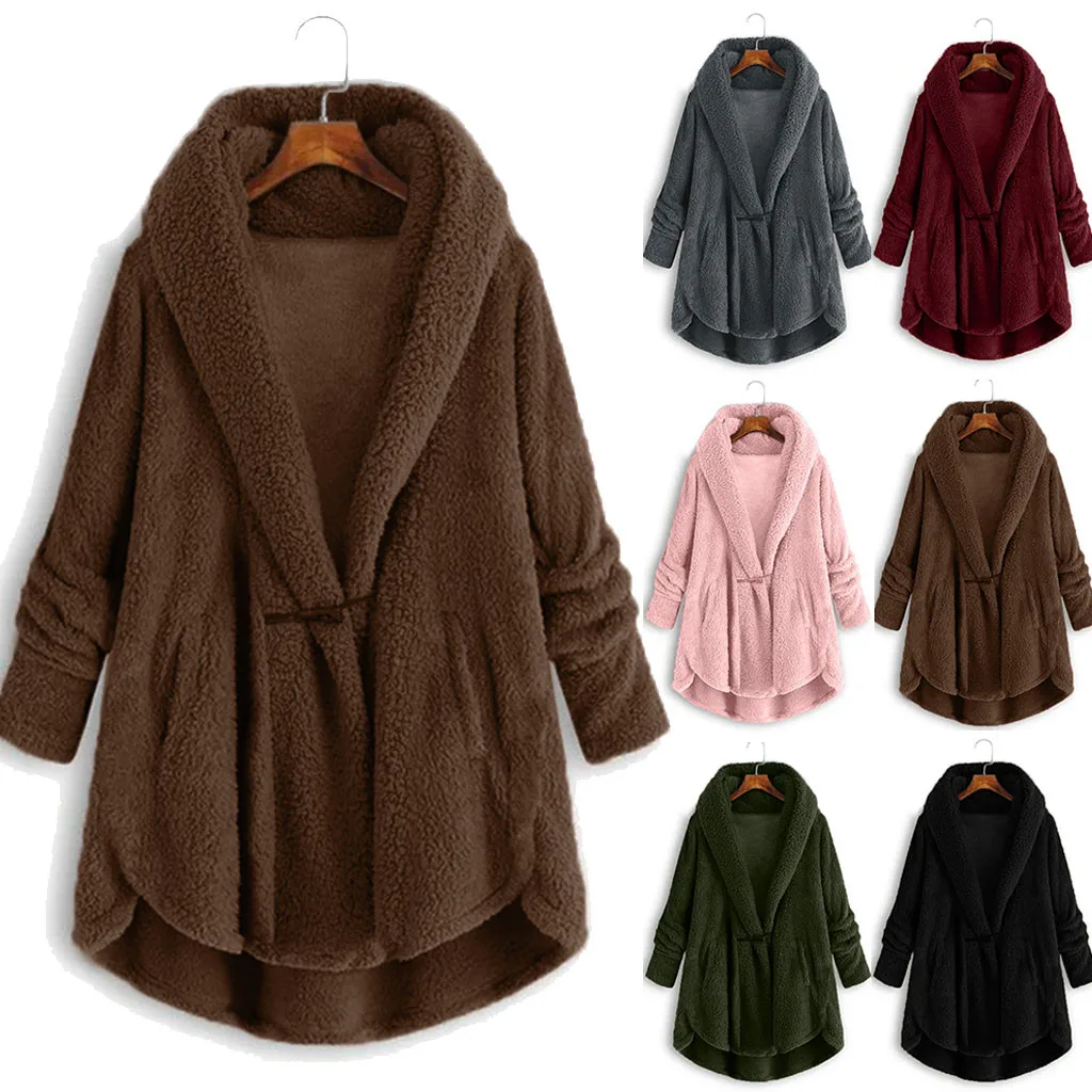 HSU New Fashion Womens Winter Coats Jacket Women Plus Size Button Plush Tops Hooded Loose Cardigan Wool Coat Hot | Женская одежда