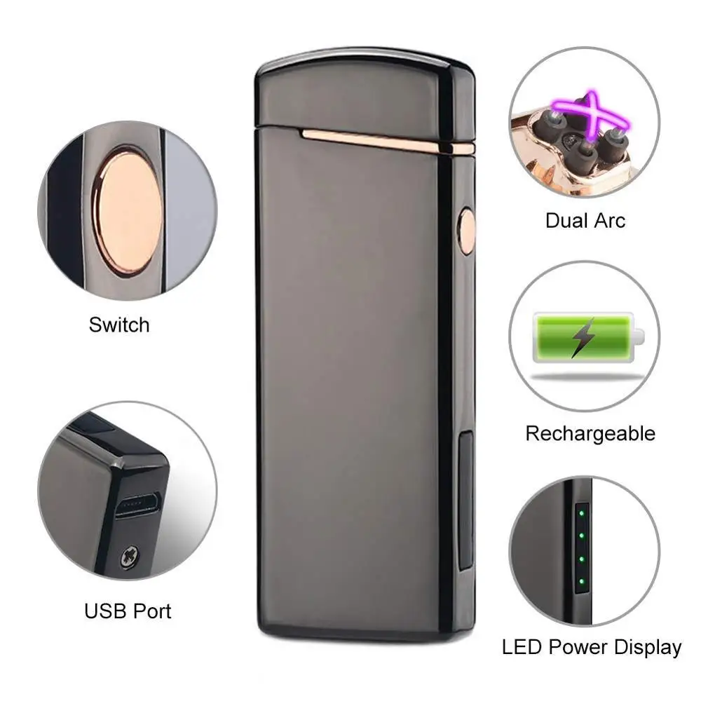 Металлическая двухдуговая импульсная электрическая зажигалка USB перезаряжаемая беспламенная Зажигалка плазменная ветрозащитная электронная зажигалка