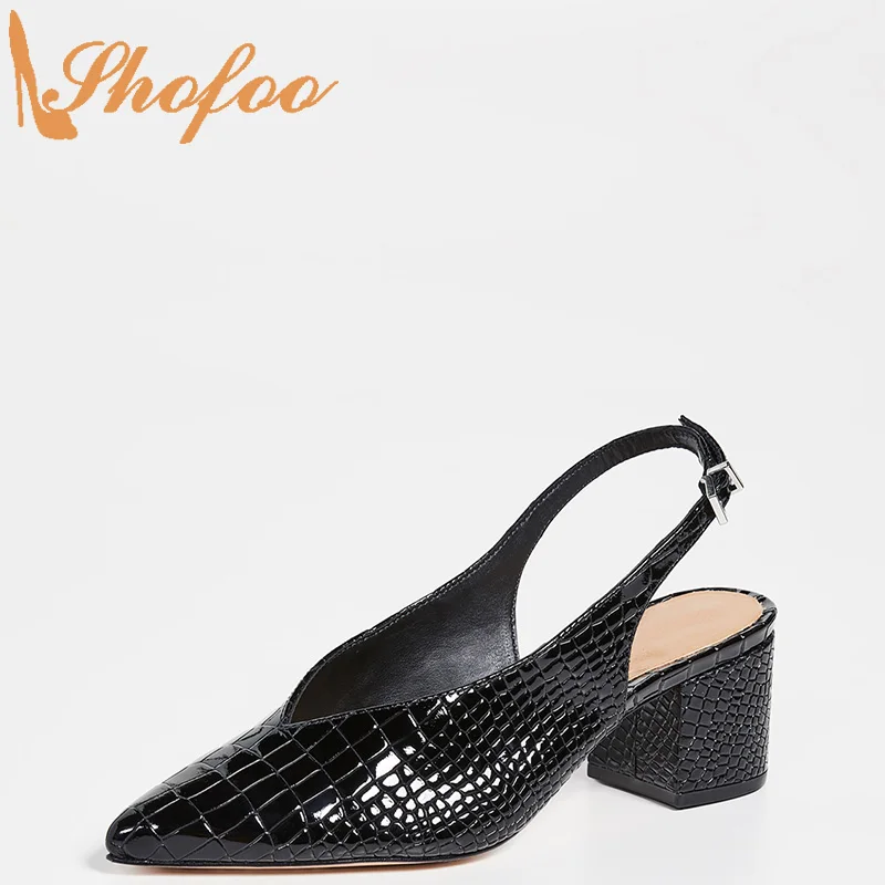 

Black Plaid Embossed Pumps Slingback High Chunky Heels Buckle Strap Women Pointed Toe Large Size 12 16 Lady Fashion Shoes Shofoo