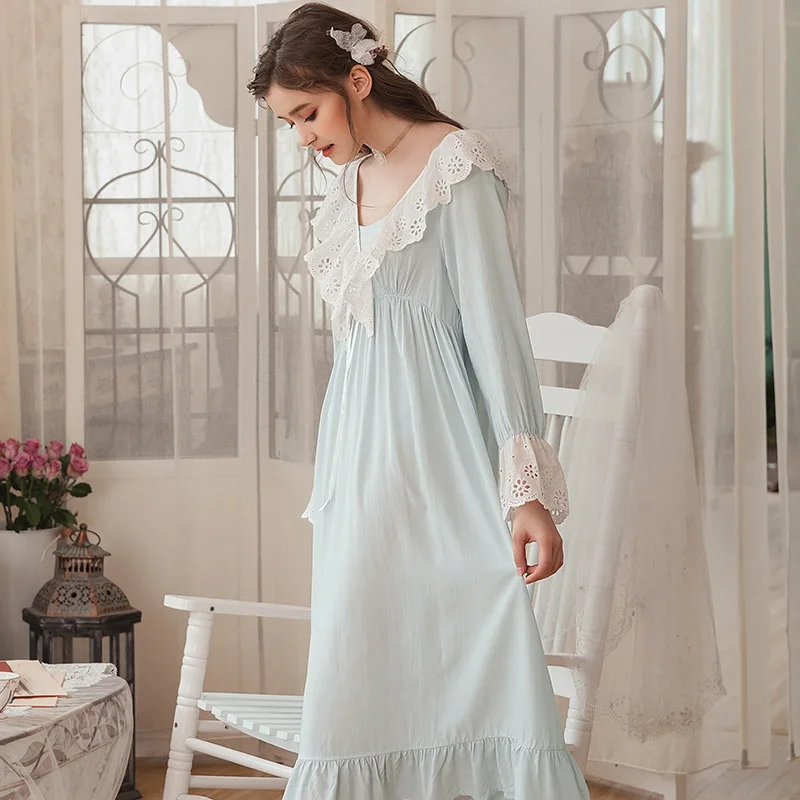 Sexy Victorian Sleep Wear Night Dress Vintage Nightgown Long Sleeve Nightdress White Cotton Sleepwear Women Nightshirt