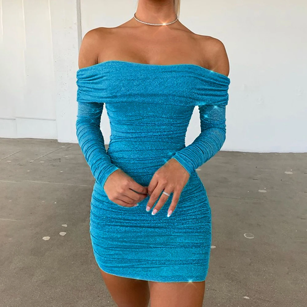 

Sexy Mesh Bright Silk Strapless Bodycon Dress Women 2020 Spring Long Sleeve Elegant Slim Soft Party Night Club Dress Vestidos
