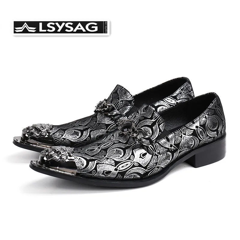 

Designer Genuine Leather Men Shoes Silver Printing Business Shoes Metal Charm Luxury Wedding Men Dress Shoes Plus Size