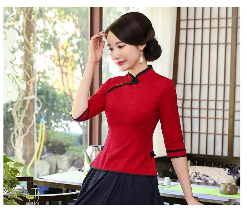 Женская кружевная блузка Cheongsam блузка красная кружевная рубашка Ципао восточные топы тонкая традиционная китайская одежда в стиле ретро