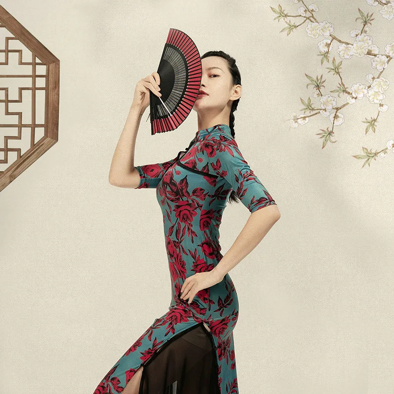 Короткое платье с принтом в стиле ретро чонсам улучшенное Женский Восточный