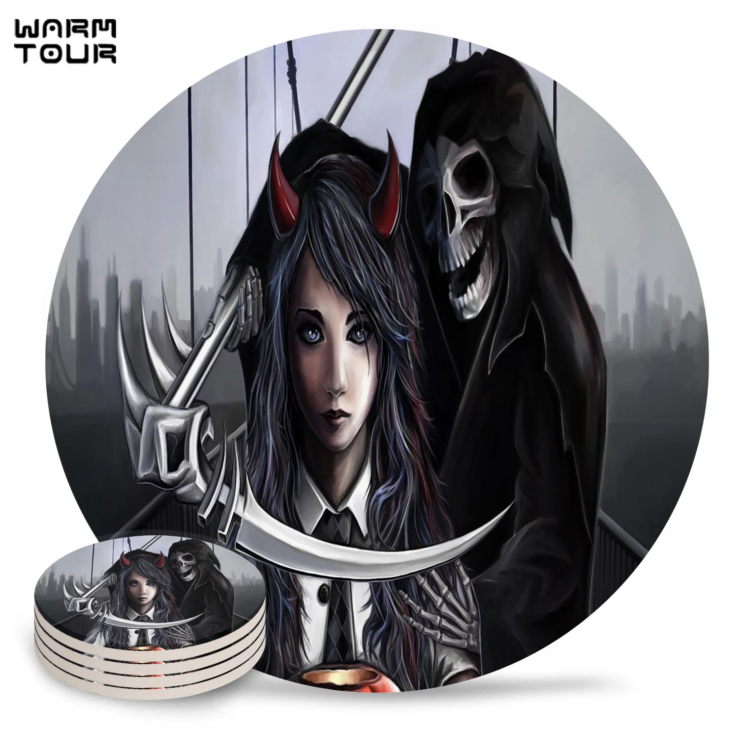 Хэллоуин школьницы коса Grim Reaper череп черный столовые приборы керамические подставки для напитков украшение стола абсорбент влаги