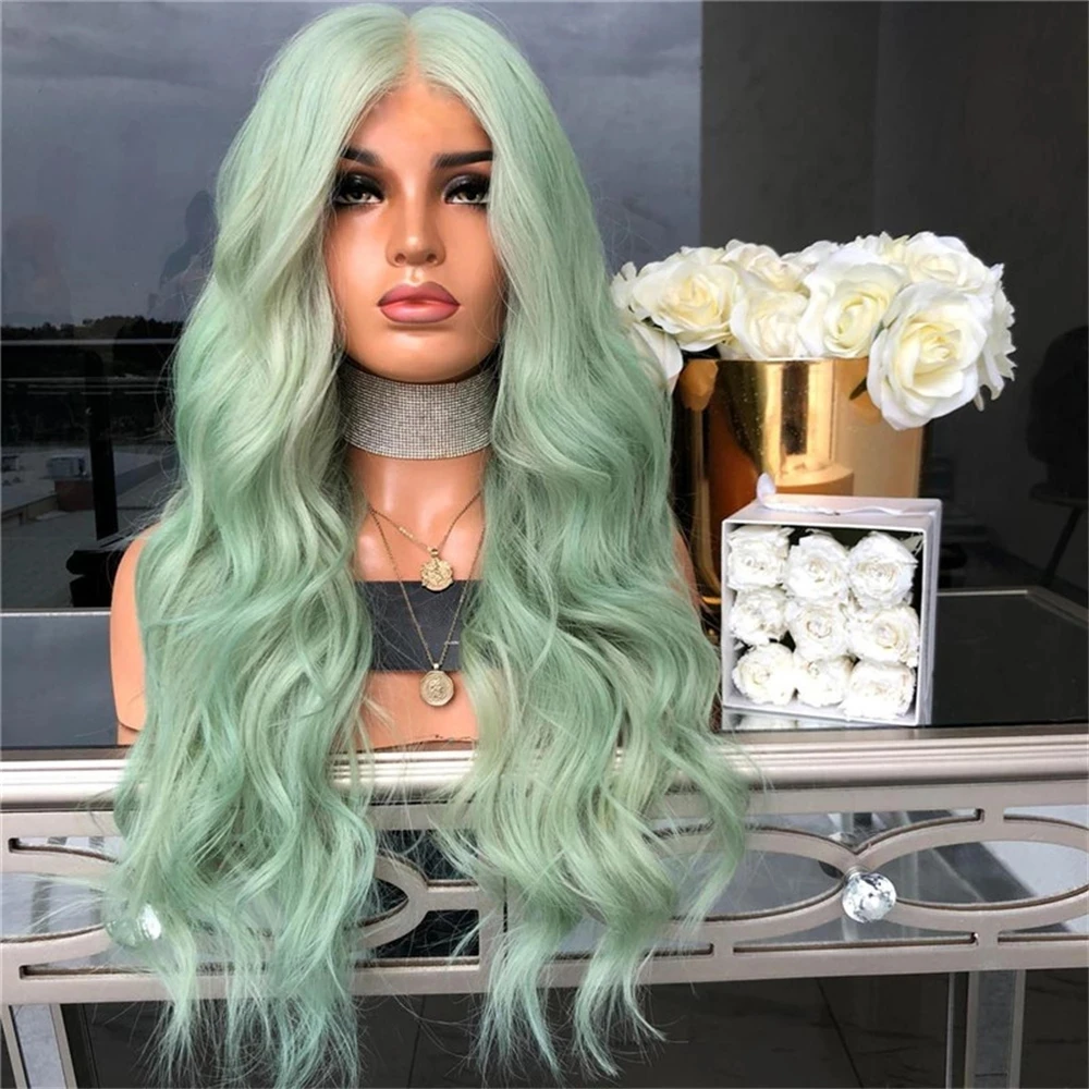 Mint Green Colored Synthetic Lace Front Wig For Women Long Body Wave