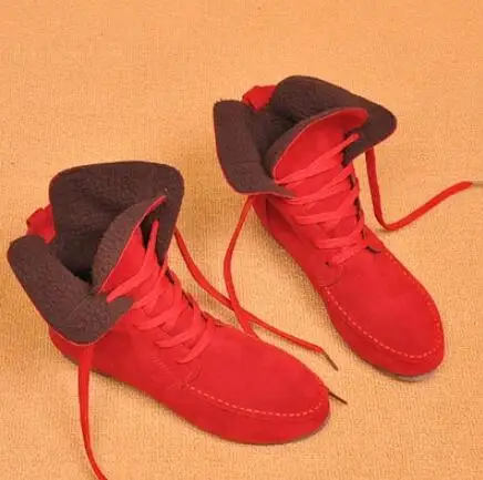 Zapatos mujer Tobillo Plano Nieve Moto Botas Mujer Gamuza Cuero Encaje-up Botas De Invierno Botas Mujer Nieve Botas - Цвет: Iron red Plus velvet