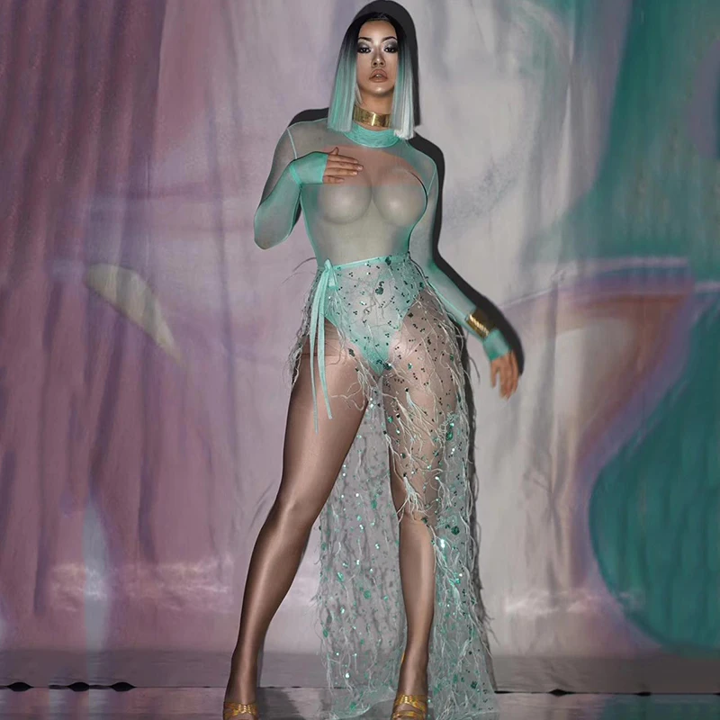 Сексуальный взрослый женский певец бар сценический костюм для ночного клуба прозрачное боди с длинным рукавом Длинная юбка танцевальный наряд праздничная одежда DT1688