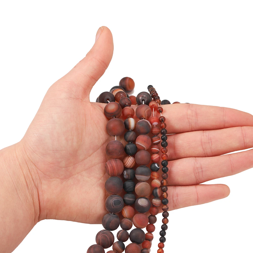 

1strand Dull Polish Matte Black Red Striped Agates Natural Stone Round Loose Spacer Beads for Necklace Bracelet Jewelry Making
