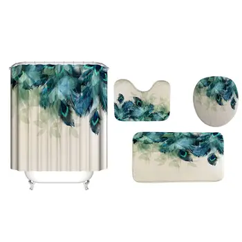 

1Set Feather Shower Bath Curtain Waterproof Polyester Shower Curtain Non-Slip Bathroom Rugs Bath Mat Set