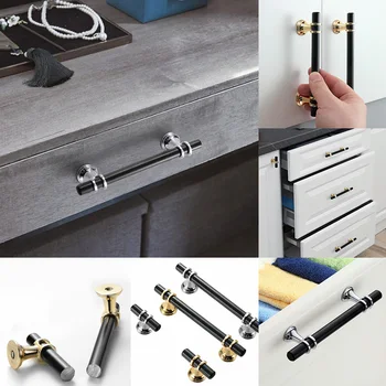 Modern Zinc Alloy Black Gold Door Handles Kitchen Cabinet Handles Solid Drawer Knobs Fashion Furniture Handle Hardware