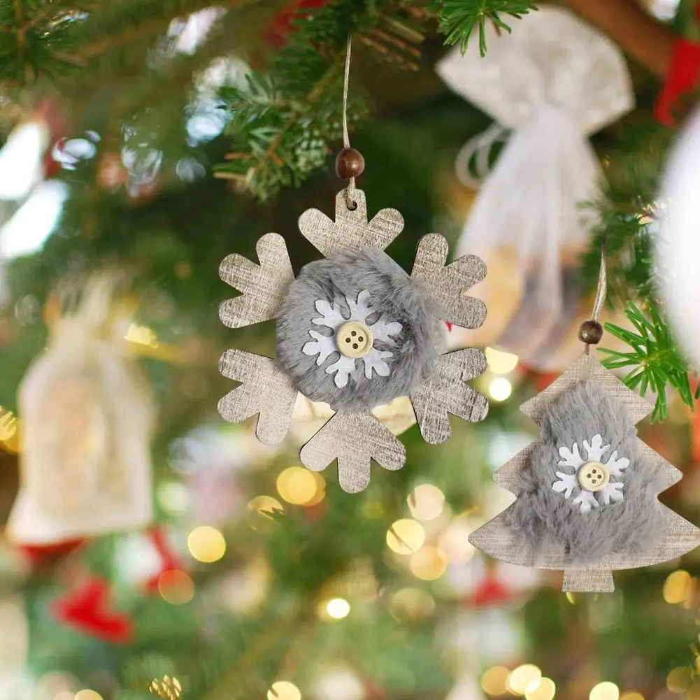 2pcs Hot Sale Christmas Tree Star Bell Hat Wooden Plush Hanging Decor Xmas Decoration Merry Christmas