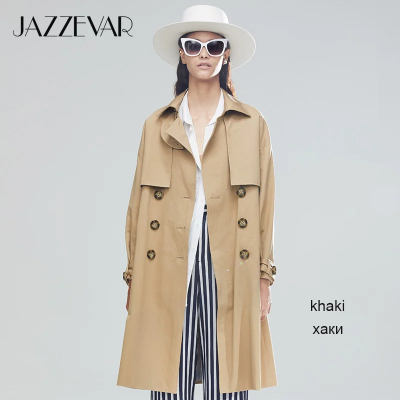JAZZEVAR Новое поступление осенний плащ хаки пальто женская повседневная верхняя одежда пальто высокого качества хлопок с поясом модные женские плащи 9009-1 - Цвет: khaki LTS01