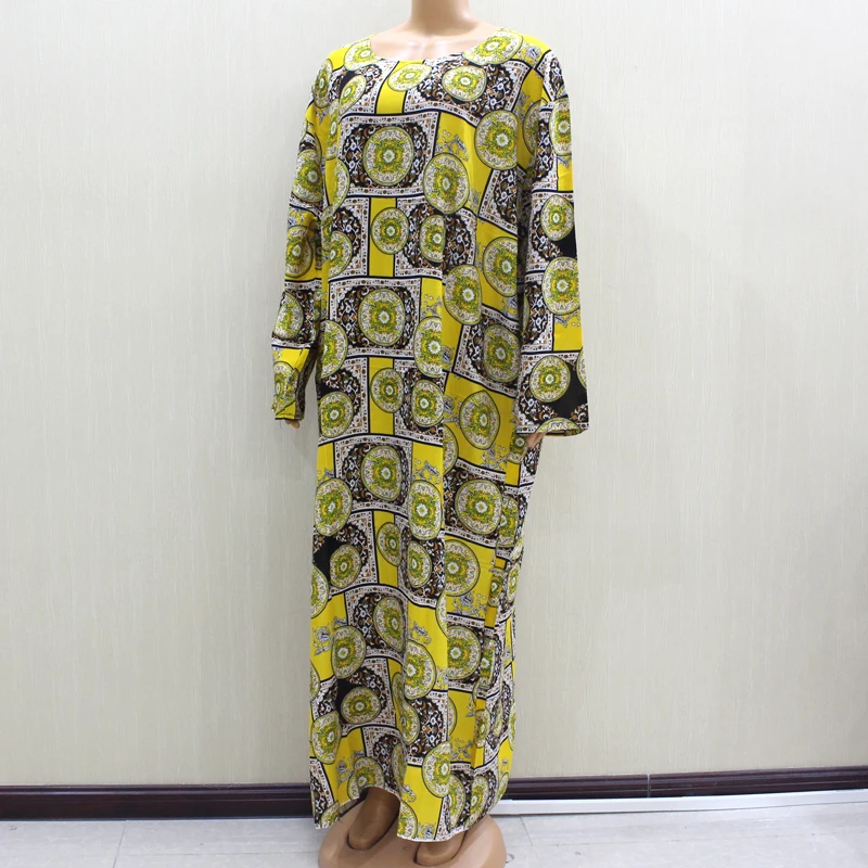 Ethnic Style Vintage Printed Women Maxi Dresses Cotton Long Sleeve Autumn Winter African Dresses with Scarf
