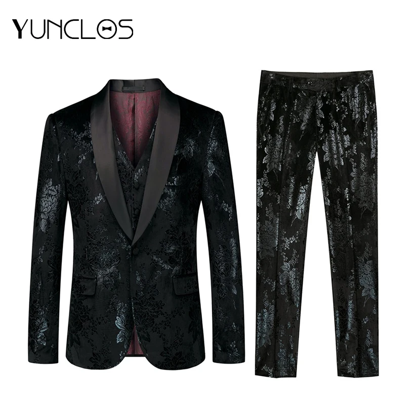 

YUNCLOS Bright Print 3 Pieces Men Suits Green Fruits Collar Singer Stages Tuxedos Suits Men Wedding-dress Party Host Suits