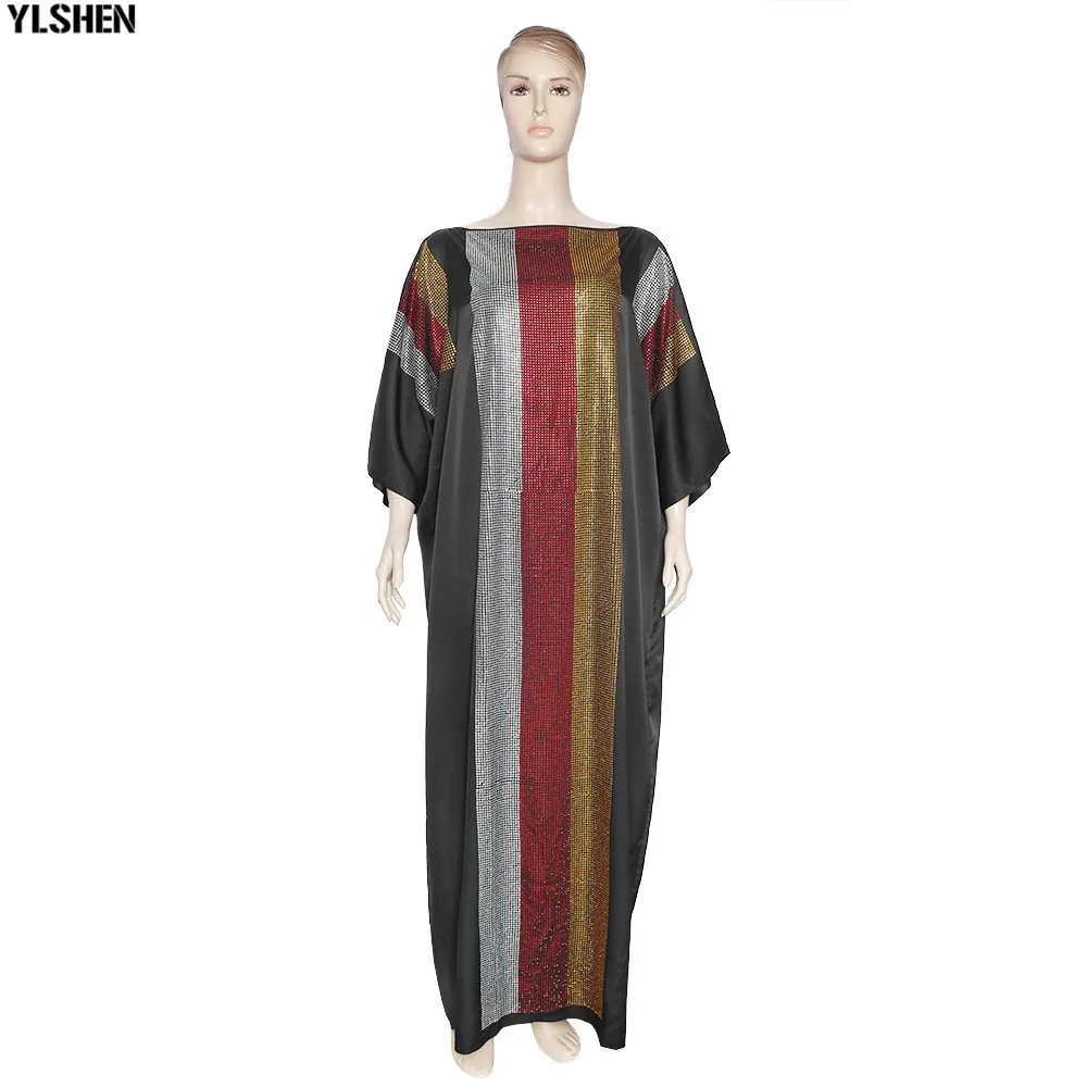 African Dresses for Women 2020 Dashiki Silk Diamonds Stripe Robe Boubou Africaine Femme Africa Maxi Dress African Clothes Ladies 06