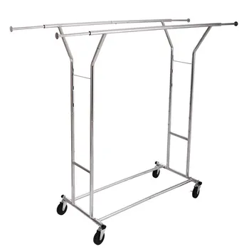 

Portable Double-bar Steel Clothes Rack Silver Shelf For Home Storage Holder