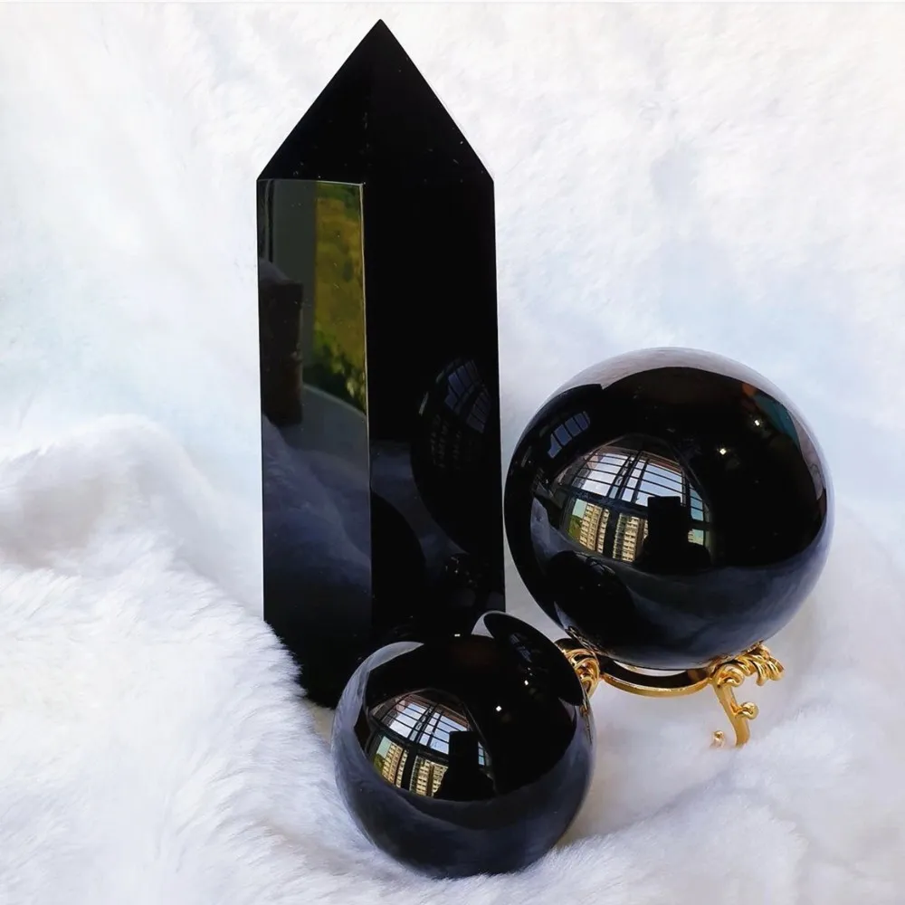 Natural Black Obsidian Sphere Crystal Ball Obelisk Wand Point Tower Healing Stone Home Decoration Holiday Gifts | Дом и сад