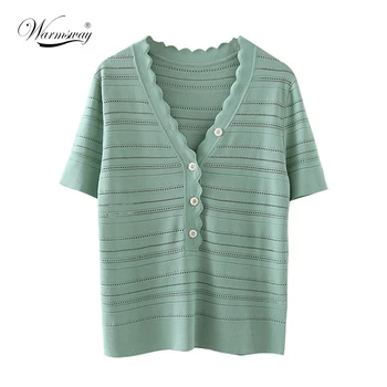 

2020 New Fashion Womens Tops Summer Sweet T-Shirt Wave V-Neck Button Knitted Thin Short Sleeve Knitwear B-117