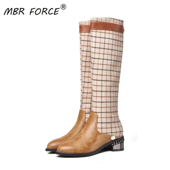 

MBR FORCE Knee high Boots For Women Fashion Lattice elegant Shoes spring autumn long Boots Zipper Comfortable Ladies woman black