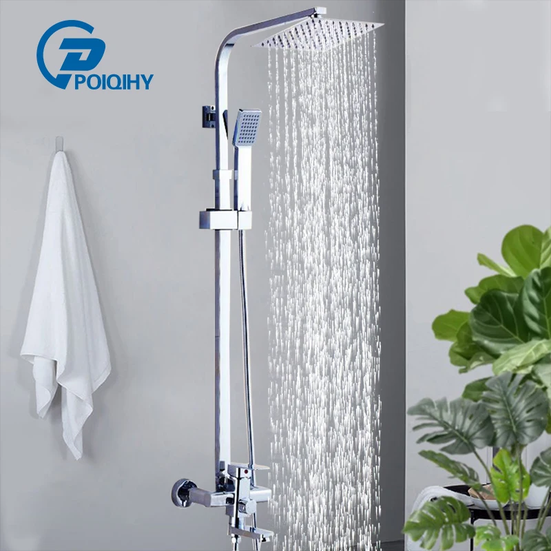 

Chrome Bathroom Shower Faucet Set Wall Mount 8''Rainfall Shower Head ABS Shower Hand Swivel Bathtub Spout 3-WAYS Mixer Tap