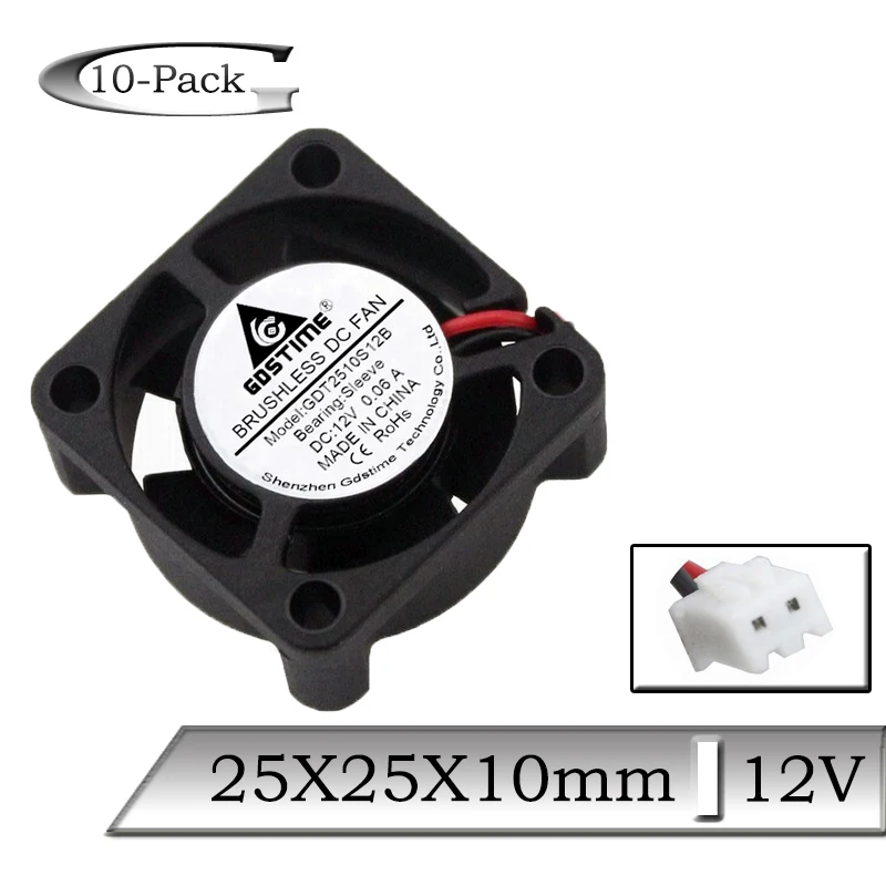 

10 шт. Gdstime 12 В 25x10 мм 25 мм 2510 мини Бесщеточный радиатор постоянного тока охлаждающий вентилятор 2,5 см 25x25x10 мм Охлаждающий радиатор для 3D-принтера