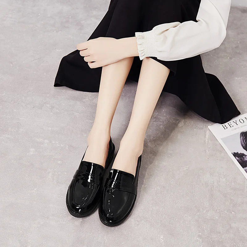 British patent leather oxford shoes woman new spring derby flats shallow mouth chunky brogues women flat shoes chaussure femme