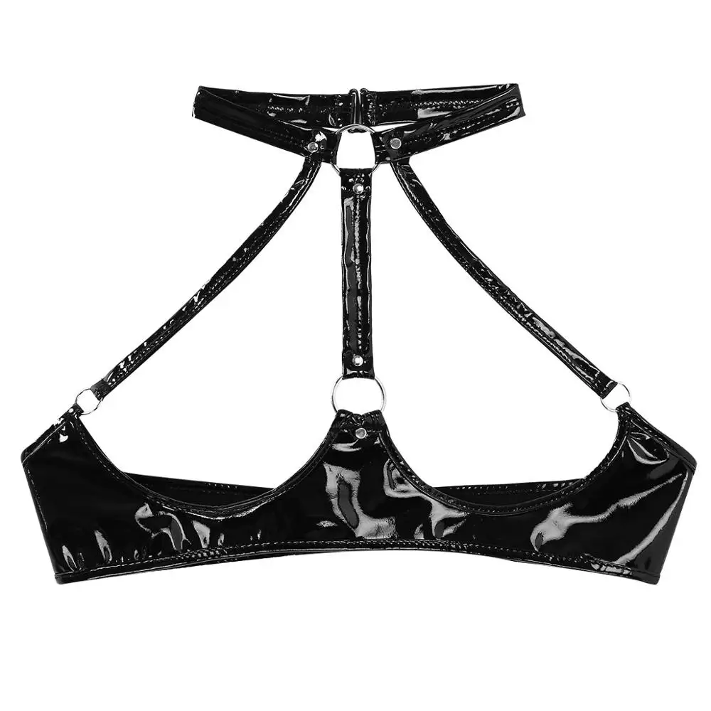 Women Bra Porno Open Cup Latex Lingerie Sexy Halter Backless Wire-free Unlined Bralette Vest Wet Look Patent Leather Bustier Top Erotic Lingerie