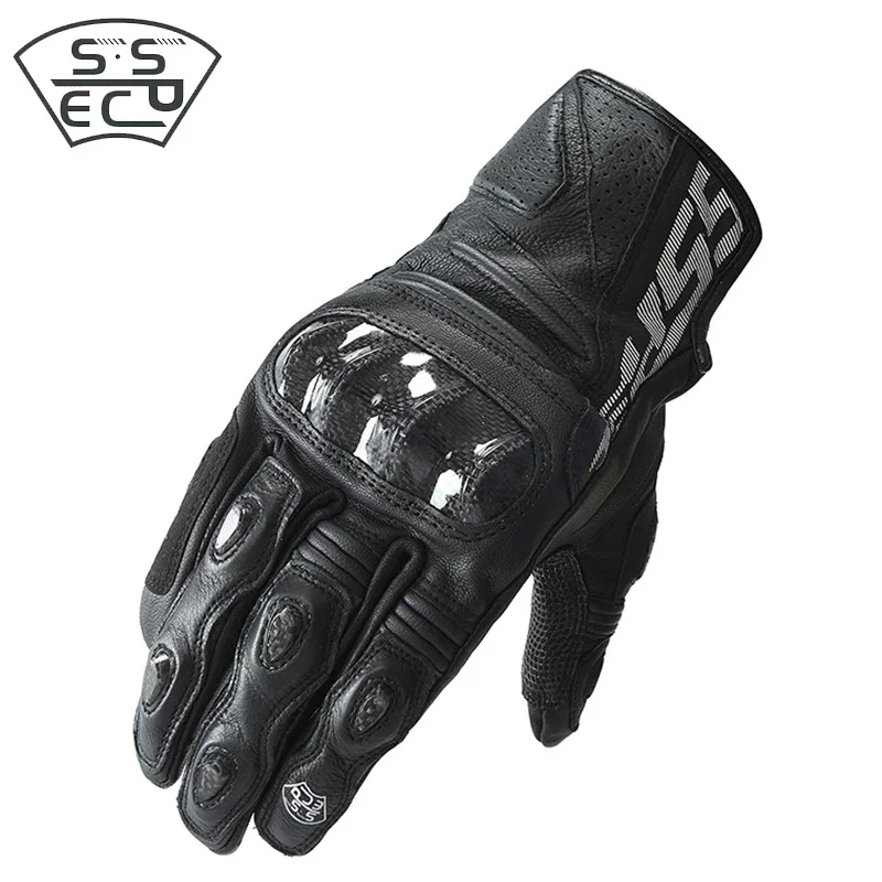 New SSPEC Motorcycle Road Racing Gloves Leather Touch Screen Motobike Guantes Full Finger Dirt Bike Cycling Moto Gants - Color: BLACK