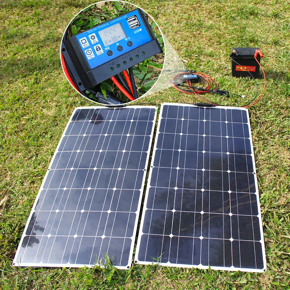 100w 패널 태양열 200w 12v 모노 태양 전지 야외 유연한 태양 전지 패널 키트, 조명 홈 납 산성 배터리