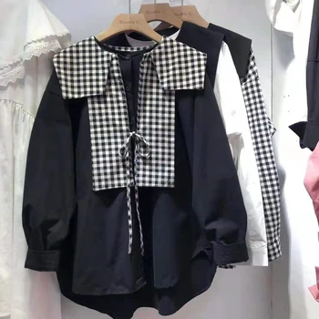 

Contrast Color Lace-up Loose Shirt Women's 2020 Spring Long Sleeve Blouse Large Size Detachable Collar Female Shirts Tops