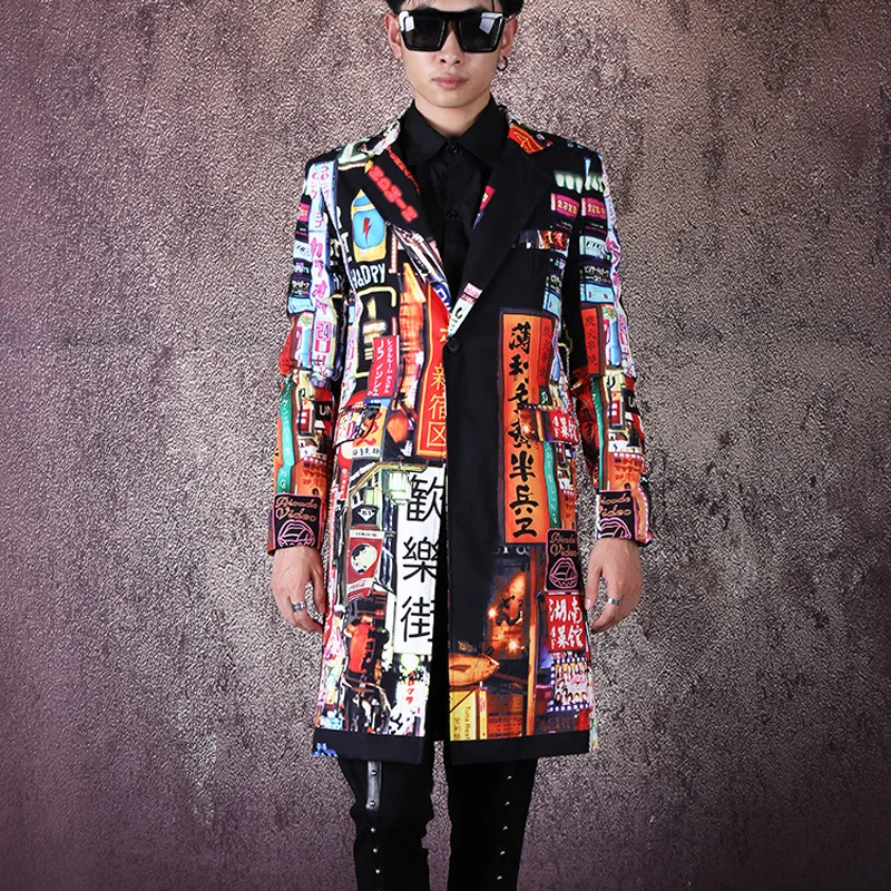 Men Hip Hop Dancer Singer DJ Suit Coat Outerwear Stage Clothes Vintage Fashion Slim Fit Pattern Print Long Blazer Jacket mens suits