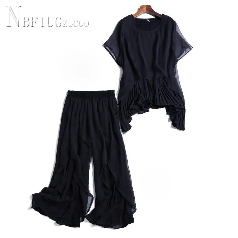 2020 Summer Plus Size Chiffon Women Sets Blouse And Wide Leg Pants Female Sets matching top and trousers set