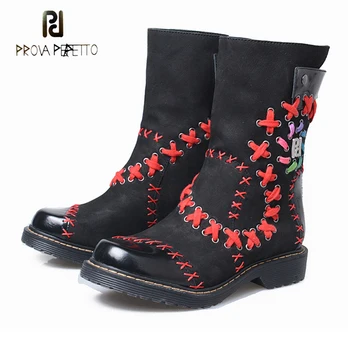 

Prova Perfetto mixed color weave flats shoes women martin short boots genuine leather patchwork thick bottom motorcycle boots